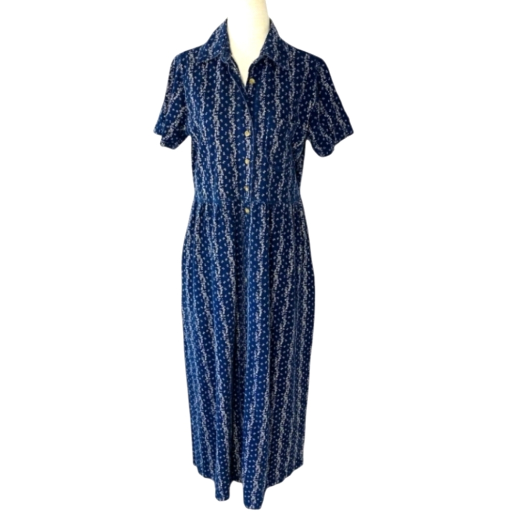 L.L. Bean Womens Med Pet. 100% Cotton Textured Linen Floral Navy Blue Long Dress